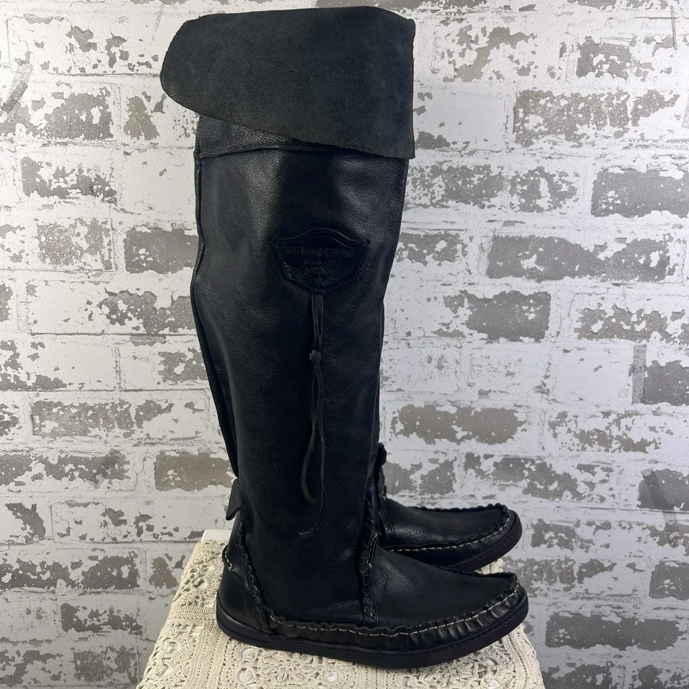 El Vaquero Black Majove Over The Knee Moccasin Boots Sz38 US 7.5-8 Leather Moto